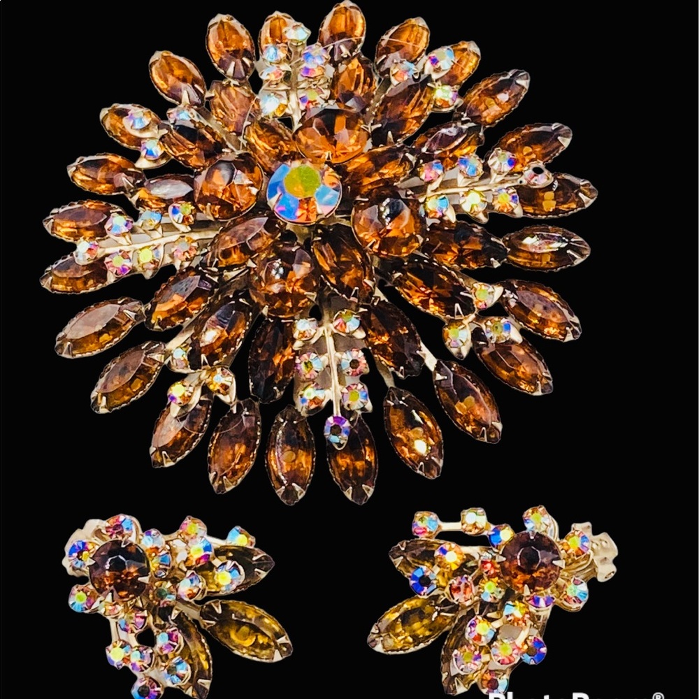 Stunning Huge Vintage Topaz and AB Rhinestone Brooch Earring Set
